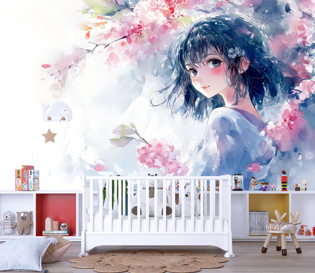 Anime Girl Wall Mural – Watercolor Manga-Style Wallpaper for Bedroom or Kids Room, Soft Pastel Peel and Stick or Non-Woven Art
