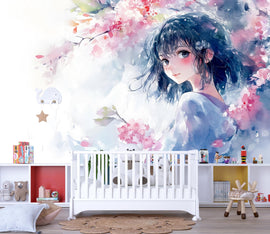 Anime Girl Wall Mural – Watercolor Manga-Style Wallpaper for Bedroom or Kids Room, Soft Pastel Peel and Stick or Non-Woven Art