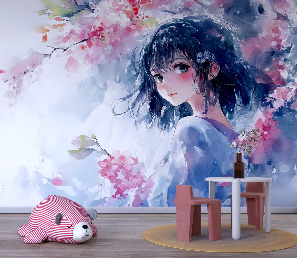 Anime Girl Wall Mural – Watercolor Manga-Style Wallpaper for Bedroom or Kids Room, Soft Pastel Peel and Stick or Non-Woven Art