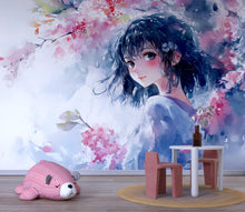 Load image into Gallery viewer, Anime Girl Wall Mural – Watercolor Manga-Style Wallpaper for Bedroom or Kids Room, Soft Pastel Peel and Stick or Non-Woven Art