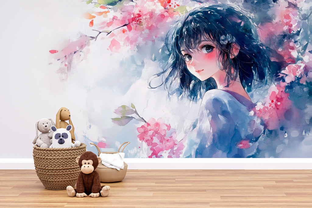 Anime Girl Wall Mural – Watercolor Manga-Style Wallpaper for Bedroom or Kids Room, Soft Pastel Peel and Stick or Non-Woven Art