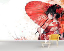 Load image into Gallery viewer, Japanese Anime Geisha Wall Mural – Red Kimono Girl Art Wallpaper, Manga Style Decor for Bedroom or Studio – Peel &amp; Stick or Non-Woven