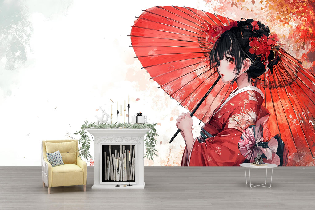 Japanese Anime Geisha Wall Mural – Red Kimono Girl Art Wallpaper, Manga Style Decor for Bedroom or Studio – Peel & Stick or Non-Woven