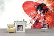 Load image into Gallery viewer, Japanese Anime Geisha Wall Mural – Red Kimono Girl Art Wallpaper, Manga Style Decor for Bedroom or Studio – Peel &amp; Stick or Non-Woven