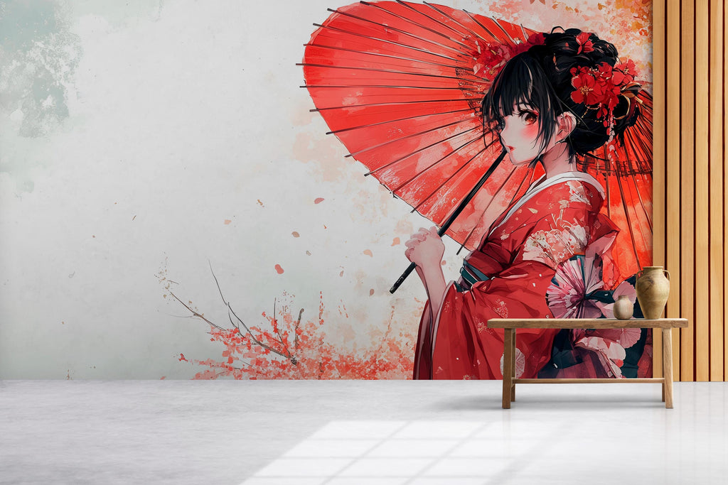 Japanese Anime Geisha Wall Mural – Red Kimono Girl Art Wallpaper, Manga Style Decor for Bedroom or Studio – Peel & Stick or Non-Woven