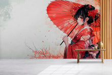 Load image into Gallery viewer, Japanese Anime Geisha Wall Mural – Red Kimono Girl Art Wallpaper, Manga Style Decor for Bedroom or Studio – Peel &amp; Stick or Non-Woven