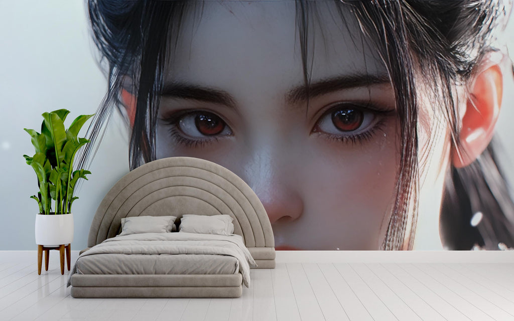 Realistic Anime Girl Portrait Wall Mural – Hyper-Detailed Face Art Wallpaper for Bedroom or Studio – Peel & Stick or Non-Woven