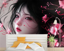 Load image into Gallery viewer, Dark Anime Girl Wall Mural – Romantic Cherry Blossom Portrait Wallpaper, Gothic Manga Style for Bedroom or Studio Peel &amp; Stick or Non-Woven