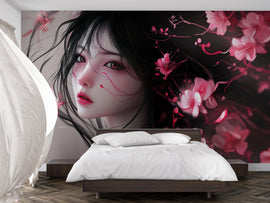 Dark Anime Girl Wall Mural – Romantic Cherry Blossom Portrait Wallpaper, Gothic Manga Style for Bedroom or Studio Peel & Stick or Non-Woven