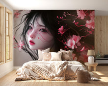 Load image into Gallery viewer, Dark Anime Girl Wall Mural – Romantic Cherry Blossom Portrait Wallpaper, Gothic Manga Style for Bedroom or Studio Peel &amp; Stick or Non-Woven