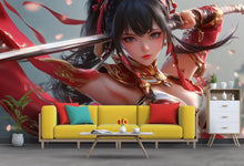 Load image into Gallery viewer, Anime Warrior Girl Wall Mural – Red Samurai-Inspired Manga Wallpaper for Bedroom or Game Room – Peel and Stick or Non-Woven