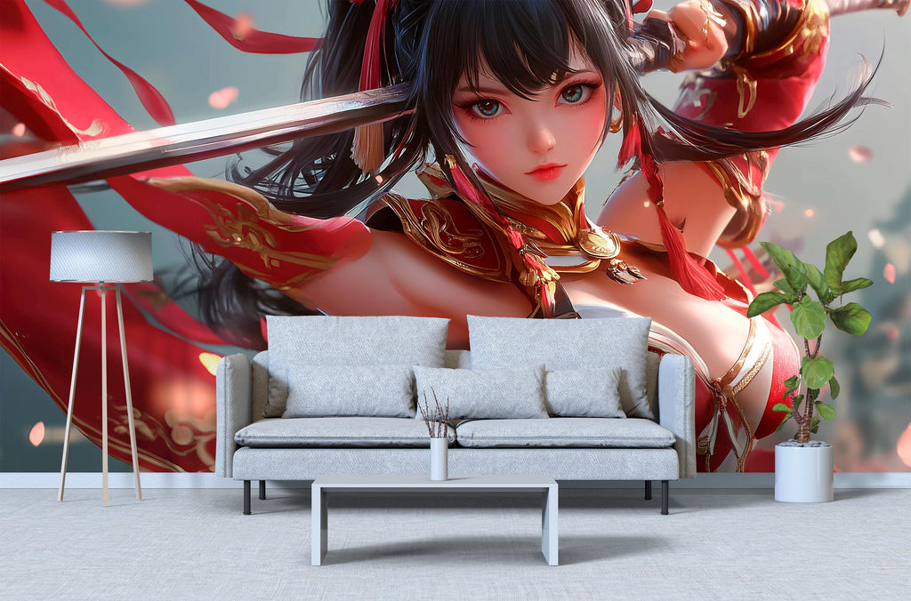 Anime Warrior Girl Wall Mural – Red Samurai-Inspired Manga Wallpaper for Bedroom or Game Room – Peel and Stick or Non-Woven