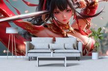 Load image into Gallery viewer, Anime Warrior Girl Wall Mural – Red Samurai-Inspired Manga Wallpaper for Bedroom or Game Room – Peel and Stick or Non-Woven