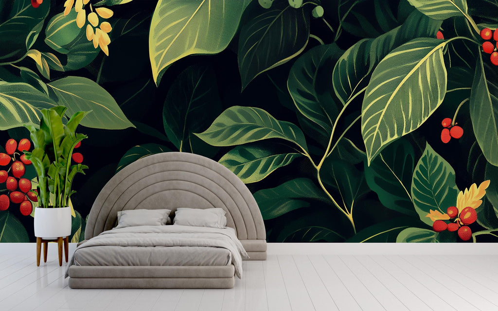 Green Botanical Wallpaper / Leaf Wall Mural Peel and Stick / Nature Inspired Wall Art / Removable Plant Wallpaper / Jungle Wall Decor