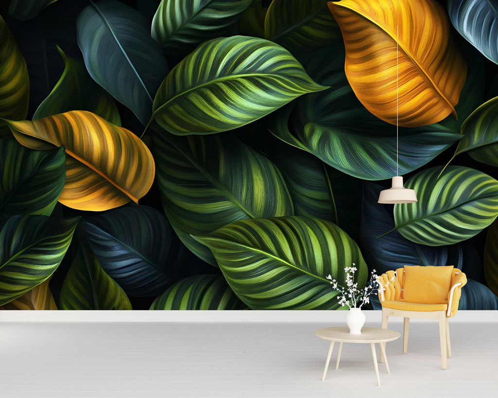 Green Botanical Wallpaper / Peel and Stick Leaf Wall Mural / Removable Plant Wall Art / Nature Bedroom Wallpaper / Jungle Foliage Decor