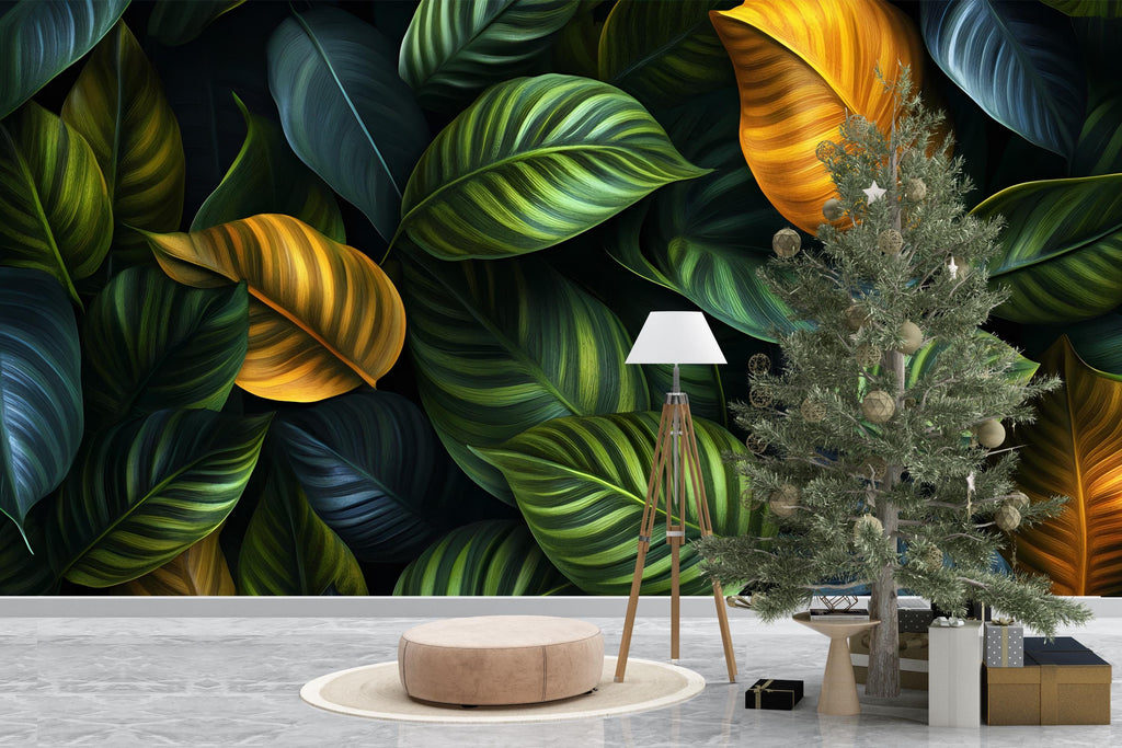 Green Botanical Wallpaper / Peel and Stick Leaf Wall Mural / Removable Plant Wall Art / Nature Bedroom Wallpaper / Jungle Foliage Decor