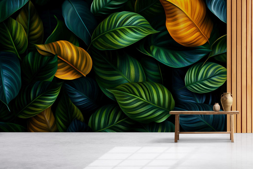 Green Botanical Wallpaper / Peel and Stick Leaf Wall Mural / Removable Plant Wall Art / Nature Bedroom Wallpaper / Jungle Foliage Decor