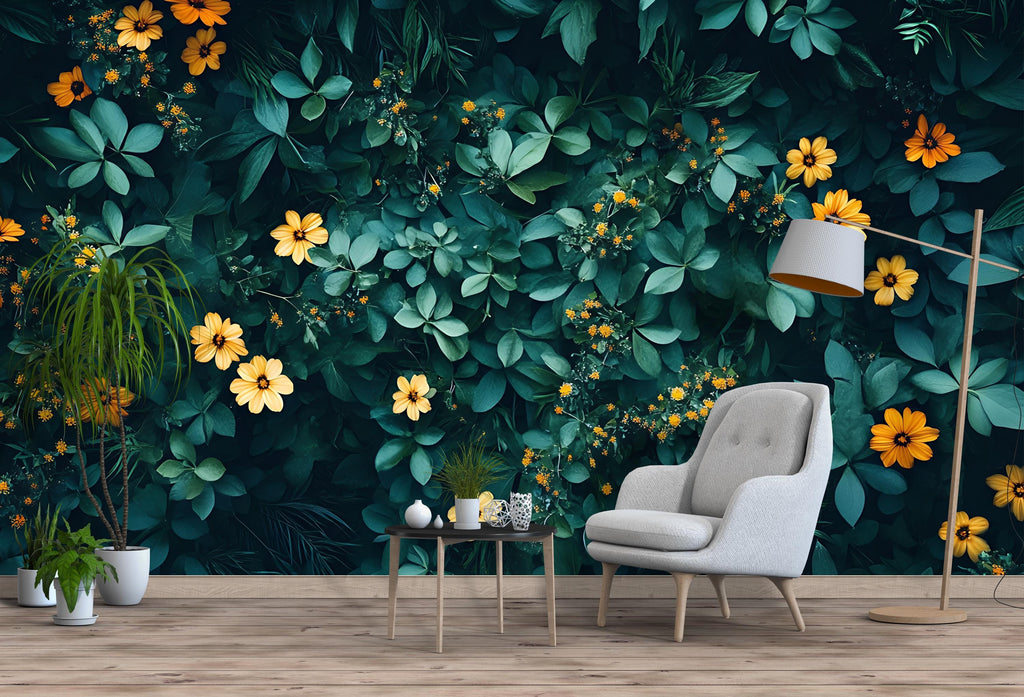 Green Botanical Wallpaper / Leaf Peel and Stick Wall Mural / Removable Nature Wall Art / Tropical Plant Wallpaper / Foliage Room Decor