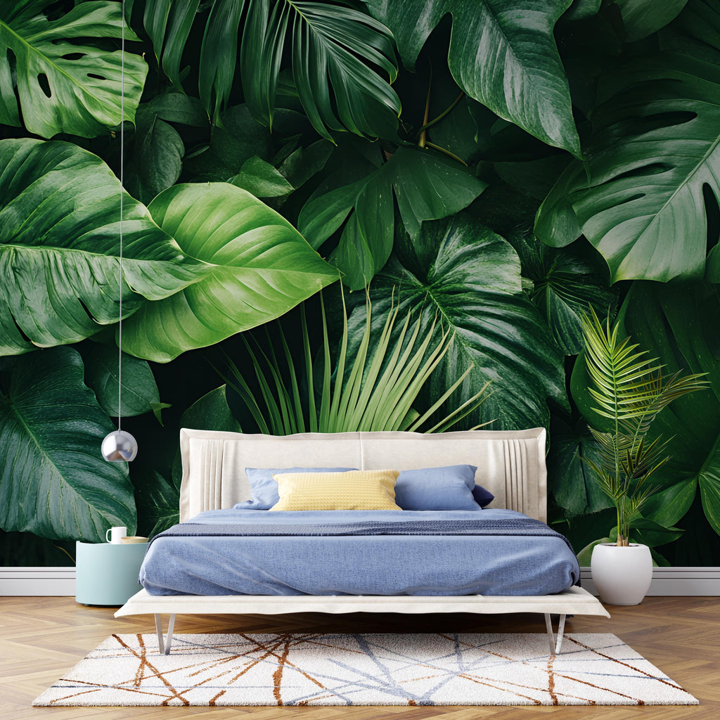 Green Botanical Wallpaper / Tropical Leaf Wall Mural / Peel and Stick Plant Wallpaper / Removable Jungle Wall Art / Nature Room Decor