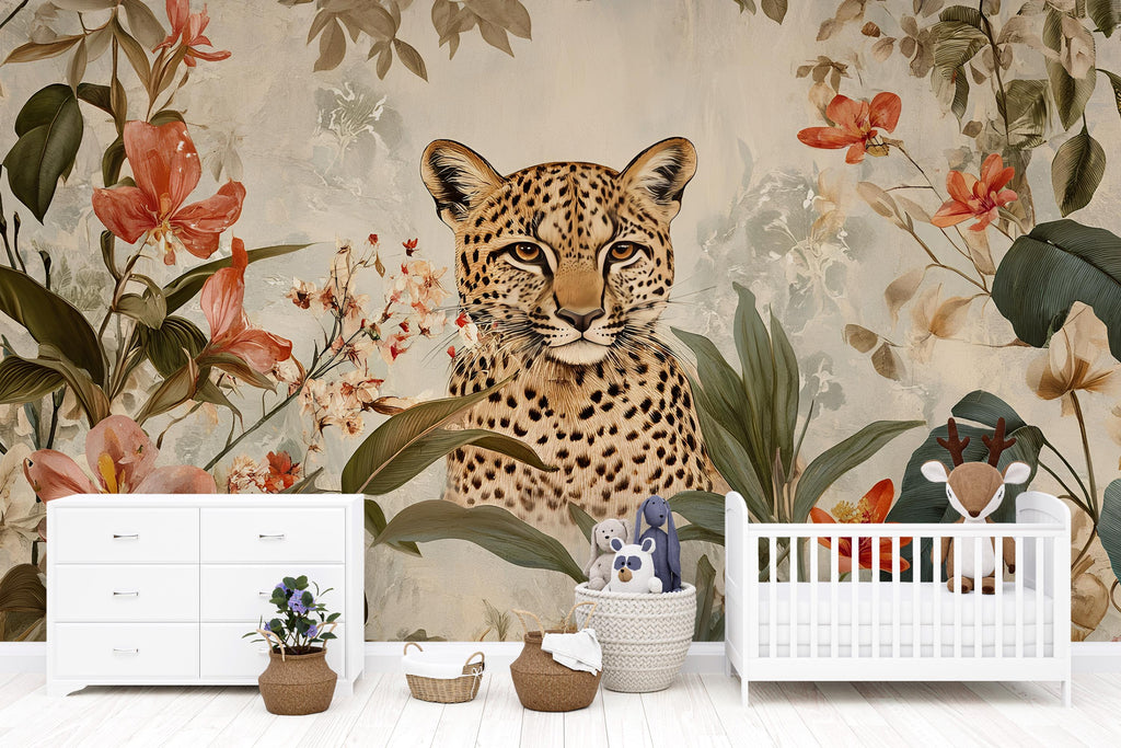 Leopard Floral Wallpaper / Watercolor Leopard Wall Mural / Peel and Stick Animal Print Wallpaper / Jungle Flower Wall Art / Removable Safari
