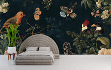 Load image into Gallery viewer, Magic Birds and Flowers Wallpaper / Mystery Botanical Bird Wall Mural / Floral Peel and Stick Wallpaper / Vintage Nature Wall Art