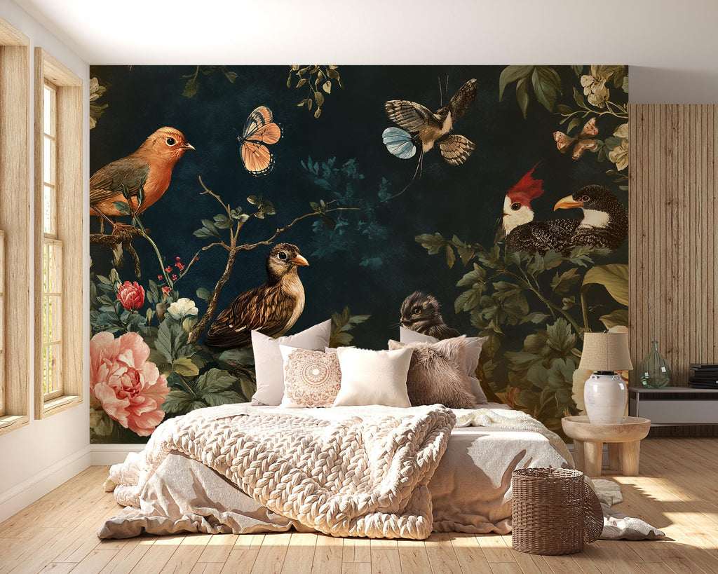 Magic Birds and Flowers Wallpaper / Mystery Botanical Bird Wall Mural / Floral Peel and Stick Wallpaper / Vintage Nature Wall Art