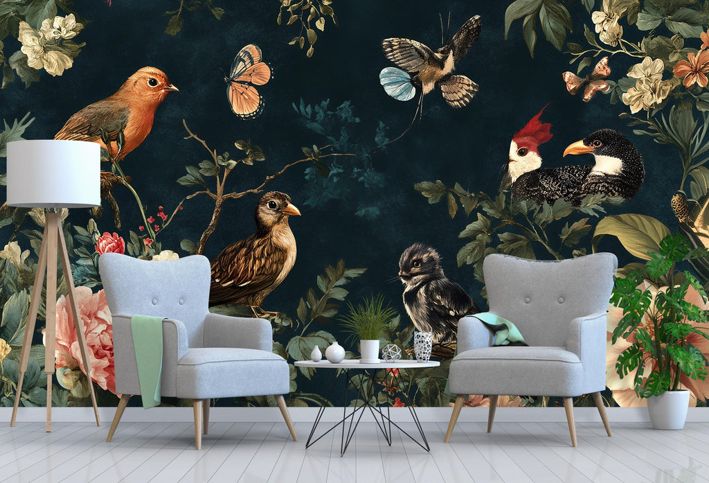 Magic Birds and Flowers Wallpaper / Mystery Botanical Bird Wall Mural / Floral Peel and Stick Wallpaper / Vintage Nature Wall Art
