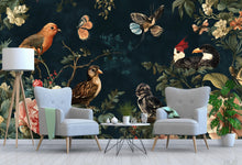 Load image into Gallery viewer, Magic Birds and Flowers Wallpaper / Mystery Botanical Bird Wall Mural / Floral Peel and Stick Wallpaper / Vintage Nature Wall Art