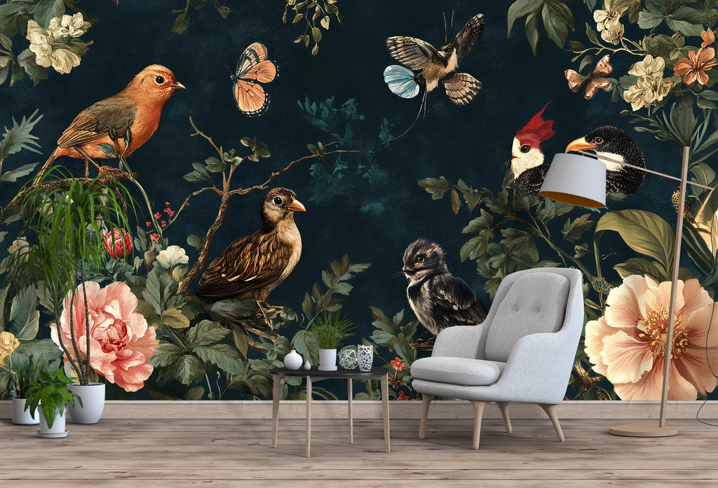 Magic Birds and Flowers Wallpaper / Mystery Botanical Bird Wall Mural / Floral Peel and Stick Wallpaper / Vintage Nature Wall Art