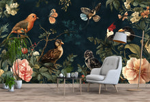 Load image into Gallery viewer, Magic Birds and Flowers Wallpaper / Mystery Botanical Bird Wall Mural / Floral Peel and Stick Wallpaper / Vintage Nature Wall Art