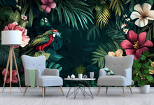 Load image into Gallery viewer, Parrot Floral Wallpaper / Magical Jungle Wall Mural, Tropical Bird Peel and Stick Wallpaper, Vibrant Flower Wall Art, Removable Exotic Decor