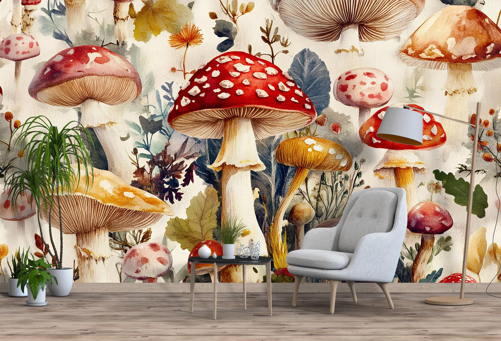 Mystical Mushroom Wallpaper / Enchanted Forest Wall Mural / Whimsical Fungi Peel and Stick / Fantasy Nature Wall Art / Cottagecore Room