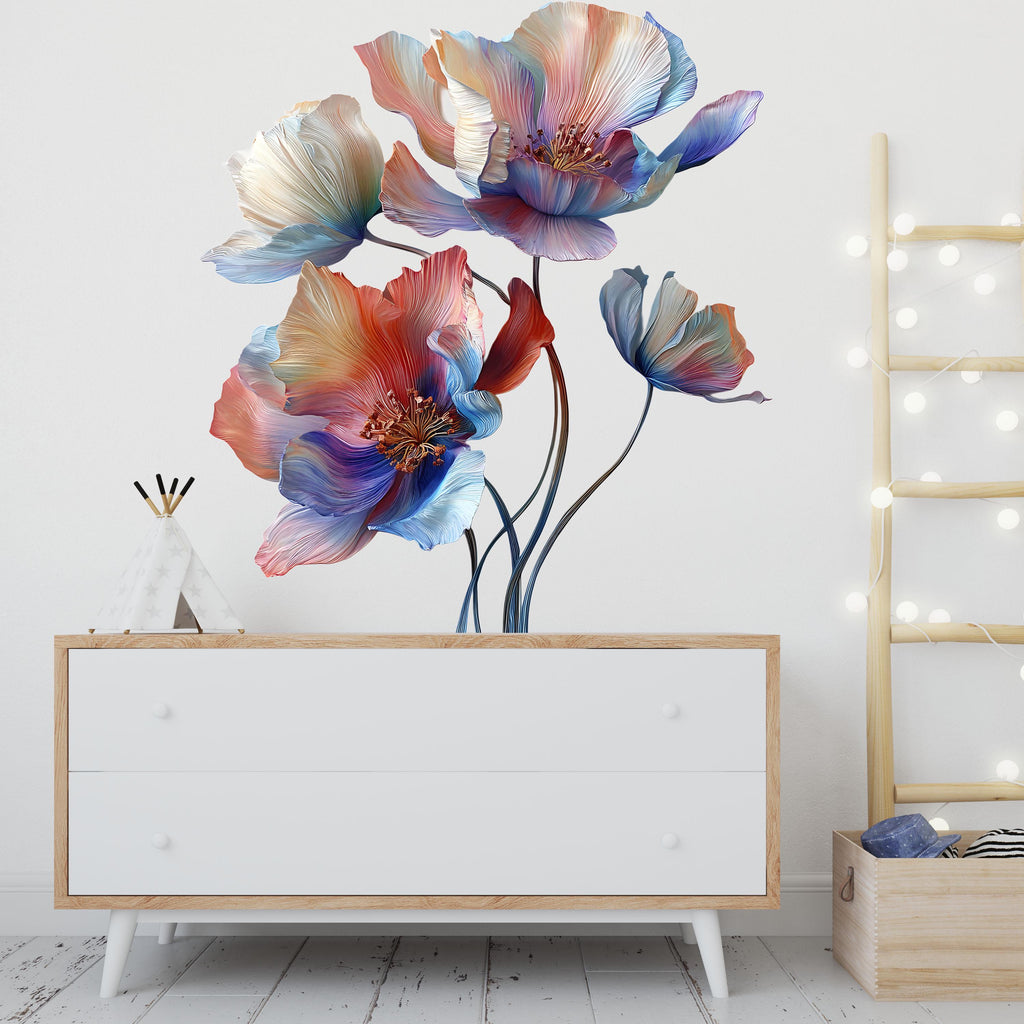Watercolor Flower Wall Decal / Floral Peel and Stick Mural / Removable Flower Wall Art / Boho Nursery Wall Decor / Pastel Botanical Decal