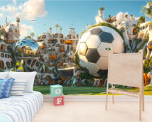 Load image into Gallery viewer, Fantasy Soccer City Wallpaper / Futuristic Football Wall Mural / Sports Cityscape Wall Art / Soccer Room Decor / 3D Stadium Peel and Stick