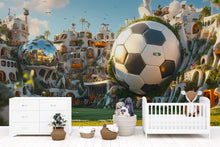 Load image into Gallery viewer, Fantasy Soccer City Wallpaper / Futuristic Football Wall Mural / Sports Cityscape Wall Art / Soccer Room Decor / 3D Stadium Peel and Stick