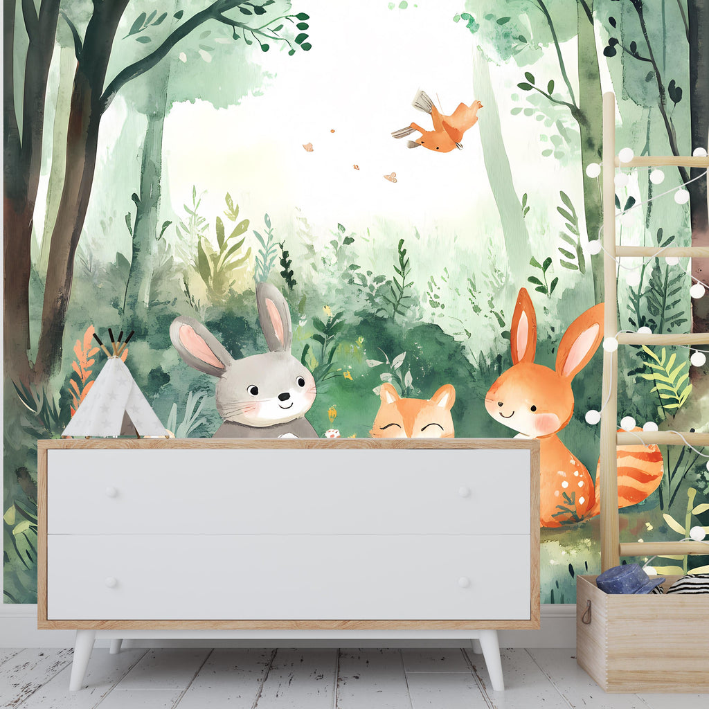 Forest Animal Nursery Wallpaper / Cartoon Jungle Wall Mural / Woodland Creatures Peel and Stick / Cute Animal Baby Room Decor / Forest Mural
