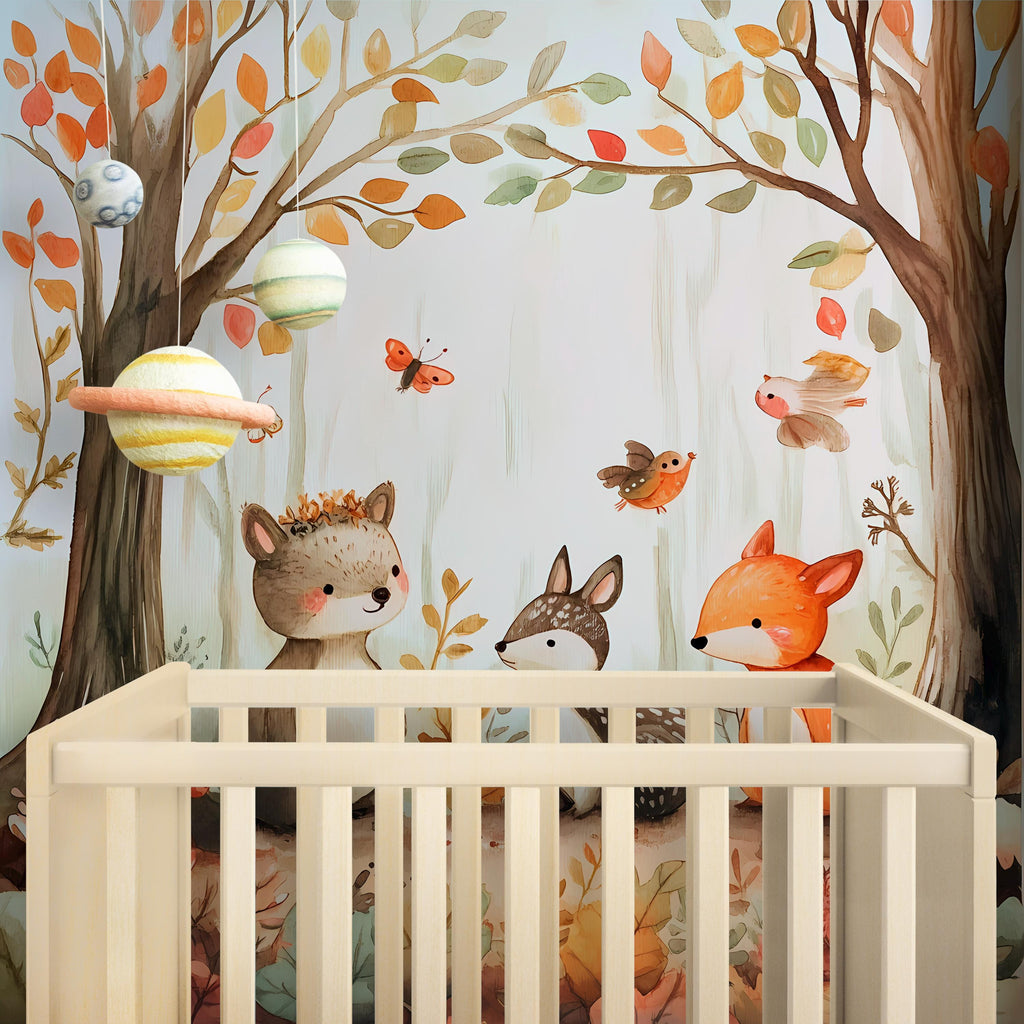 Cartoon Forest Animal Nursery Wallpaper / Woodland Creatures Wall Mural / Jungle Baby Room Decor / Cute Animal Peel and Stick Mural