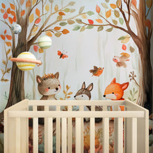 Load image into Gallery viewer, Cartoon Forest Animal Nursery Wallpaper / Woodland Creatures Wall Mural / Jungle Baby Room Decor / Cute Animal Peel and Stick Mural