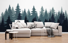 Load image into Gallery viewer, Evergreen Forest Wall Decal – Pine Tree Landscape – Teal &amp; Navy Blue Silhouette Art – Nature Mural – Modern Woodland Decor 676LU