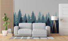 Load image into Gallery viewer, Evergreen Forest Wall Decal – Pine Tree Landscape – Teal &amp; Navy Blue Silhouette Art – Nature Mural – Modern Woodland Decor 676LU