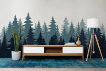 Load image into Gallery viewer, Evergreen Forest Wall Decal – Pine Tree Landscape – Teal &amp; Navy Blue Silhouette Art – Nature Mural – Modern Woodland Decor 676LU