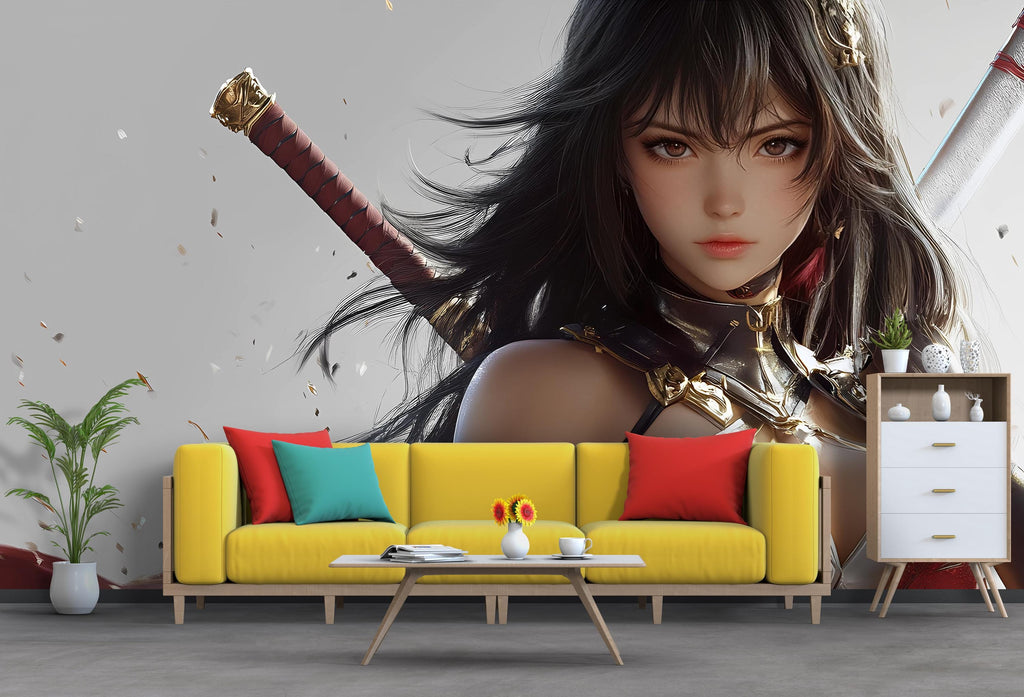 Anime Girl Wall Mural – Samurai Warrior Wall Art, Fantasy Female Wallpaper, Japanese Katana Girl Poster, Large Anime Decor for Home