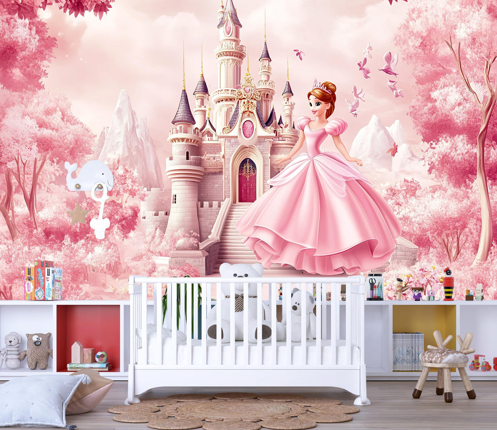 Princess Castle Wall Mural – Pink Fairy Tale Wallpaper for Girls Bedroom or Nursery, Peel and Stick Princess Room Decor, Magical Kids Art
