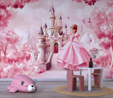 Load image into Gallery viewer, Princess Castle Wall Mural – Pink Fairy Tale Wallpaper for Girls Bedroom or Nursery, Peel and Stick Princess Room Decor, Magical Kids Art