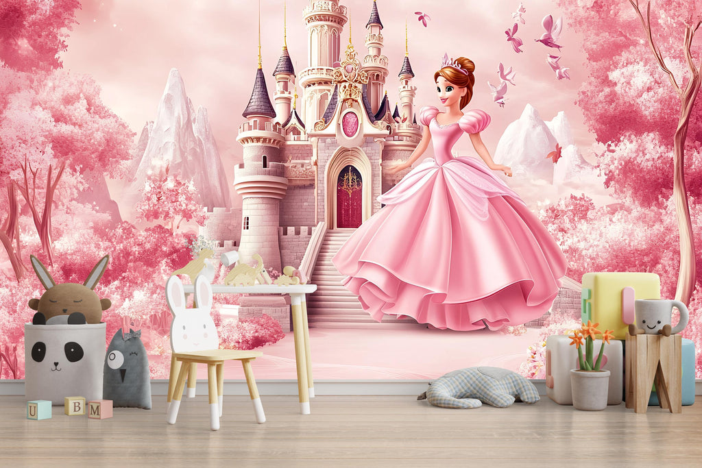 Princess Castle Wall Mural – Pink Fairy Tale Wallpaper for Girls Bedroom or Nursery, Peel and Stick Princess Room Decor, Magical Kids Art