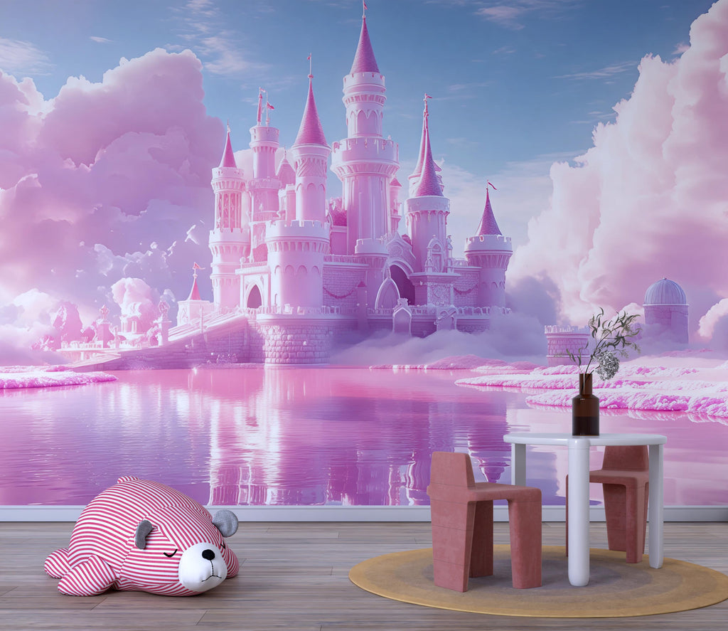 Pink Castle Wall Mural – Fantasy Cloud Kingdom Wallpaper for Kids Room, Princess Peel and Stick Wall Art, Dreamy Girl Nursery Decor