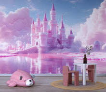 Load image into Gallery viewer, Pink Castle Wall Mural – Fantasy Cloud Kingdom Wallpaper for Kids Room, Princess Peel and Stick Wall Art, Dreamy Girl Nursery Decor