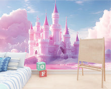 Load image into Gallery viewer, Pink Castle Wall Mural – Fantasy Cloud Kingdom Wallpaper for Kids Room, Princess Peel and Stick Wall Art, Dreamy Girl Nursery Decor