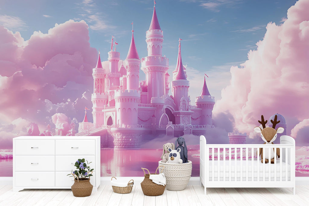 Pink Castle Wall Mural – Fantasy Cloud Kingdom Wallpaper for Kids Room, Princess Peel and Stick Wall Art, Dreamy Girl Nursery Decor