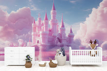 Load image into Gallery viewer, Pink Castle Wall Mural – Fantasy Cloud Kingdom Wallpaper for Kids Room, Princess Peel and Stick Wall Art, Dreamy Girl Nursery Decor